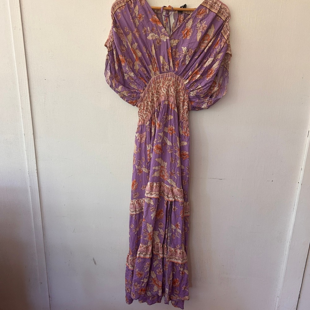 GiGiO Maxi Dress Womens S Purple Floral Smocked Tiered Boho Cottagecore Garden